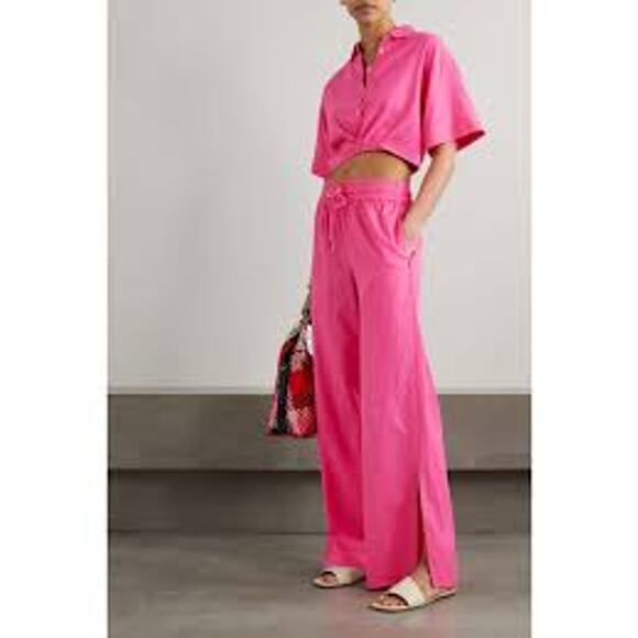 FRAME Denim Cropped Twist Front Shirt Linen Pink Flamingo LWSH2828-FLAM Small S - Picture 2 of 8